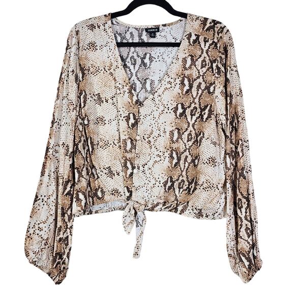 Torrid 0 Crop Top Womens Large Brown Tan Snakeskin Animal Print Blouse Shirt - Picture 1 of 13